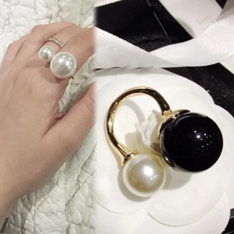 1pc Korean Fashion Rings for Women Chic Fashion Double Pearl White Black Opening Adjustable Ring Gift for Birthday Party  Rings