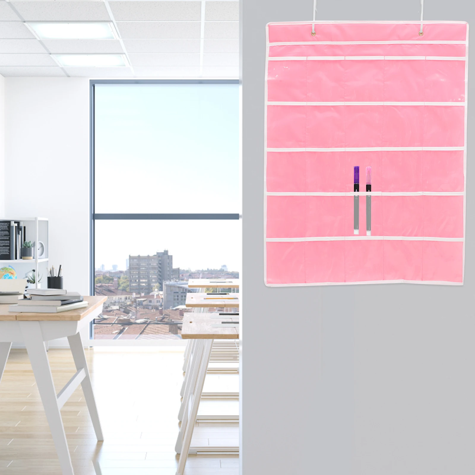 

25 Grid Phone Bag Classroom Organizer Pink Storage Pockets Hanging Pocket Chart Cell Phone Holder Teaching Tools School Supplies