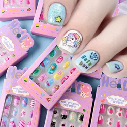 24pcs/box Candy Kids False Nails Cartoon Full Cover Press On Fake Nail 6-14Years 5D Cartoon Children's Nail DIY Xmas Girl Gift