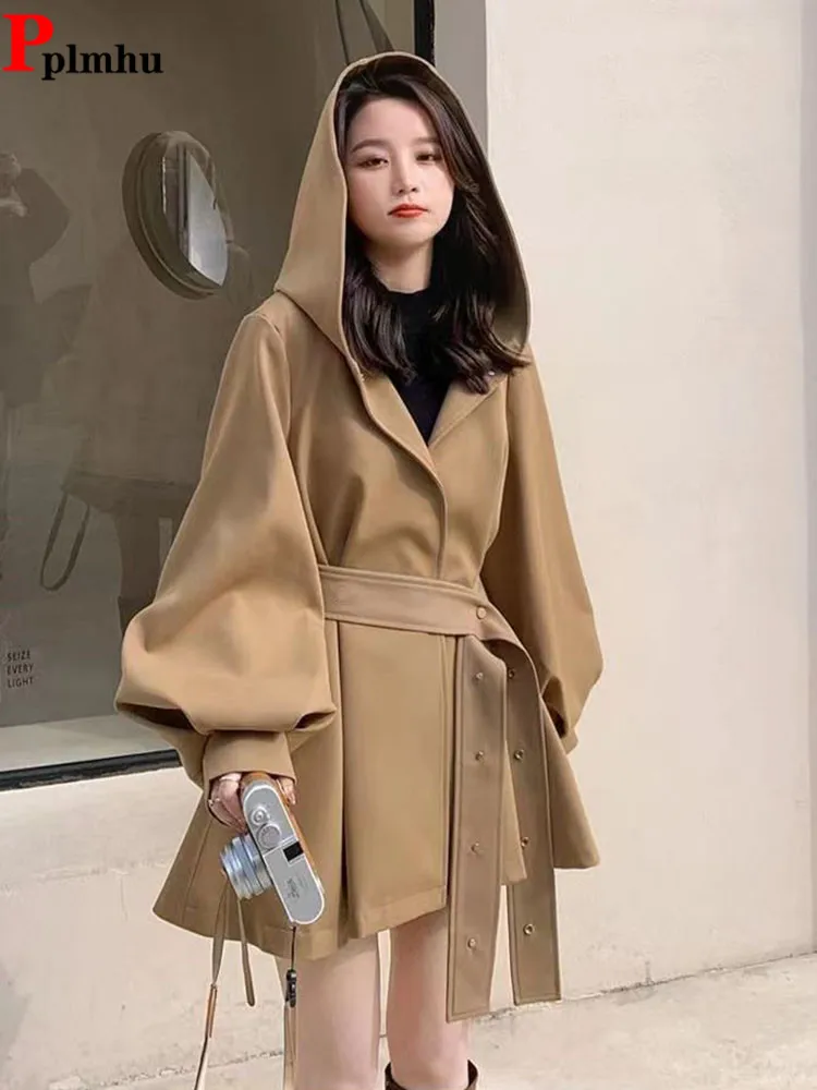 

Short Fashion Trench Coat Women's Casual Baggy Hooded Lantern Sleeve Jacket Lace Up V-Neck Korean Elegant Loose Casaco Abrigos