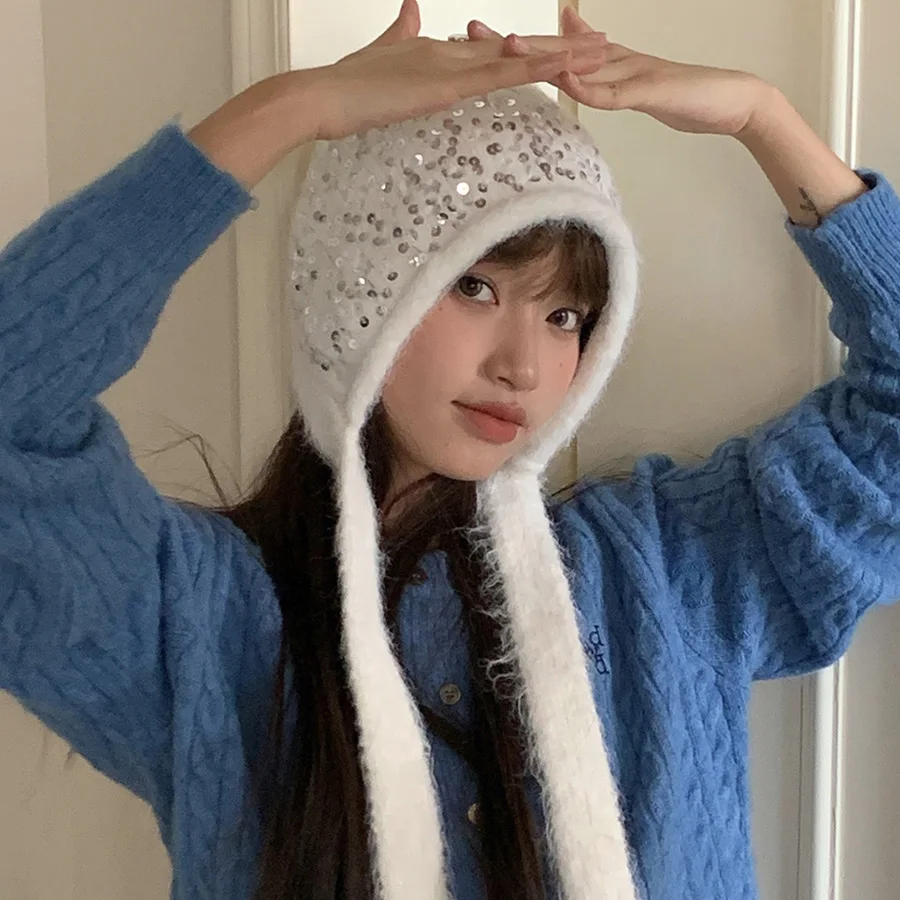 Korean Sequined Earflap Hat Y2k Fashions Pullover Beanies Cap Winter Women Warm Ear Protections Lace-up Knitted Bomber Hat