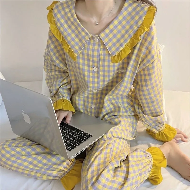 2023 neue Strickjacke Pyjama Frauen niedlich süße Lounge wear Herbst Winter Nachtwäsche Plaid Frühling Rüschen Rand Rundhals Homewear Set