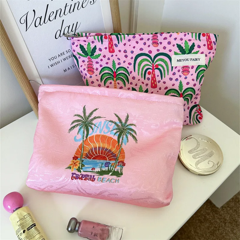 Tropical Coconut Tree Print Makeup Bag Large Capacity Travel Toiletry Pouch Portable Handheld Storage Organizer for Women Girls