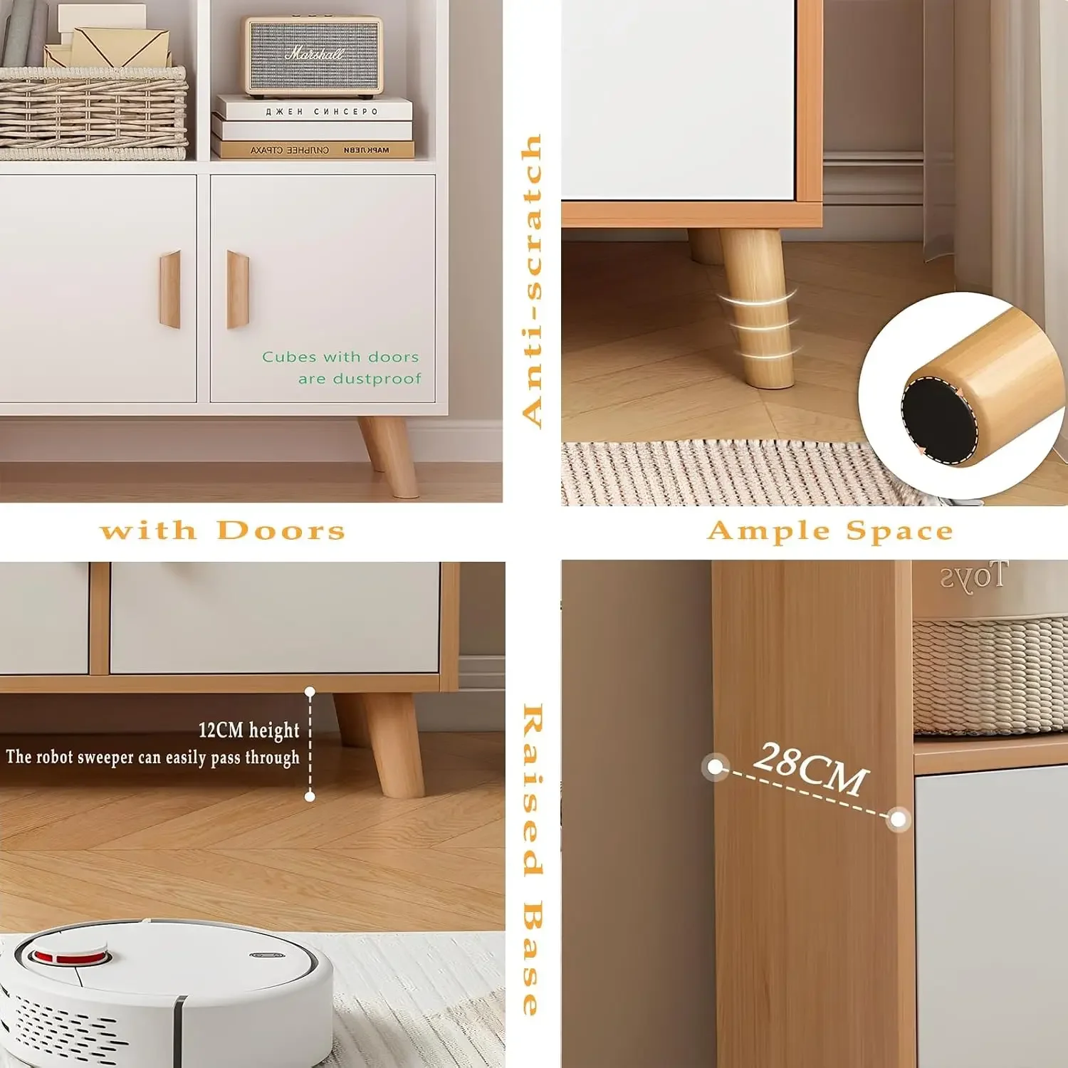 [شحن مجاني! ]خزانة كتب ذات أرفف مكعبات مع أبواب - رف كتب خشبي مفتوح قائم بـ 8 أرضية مع أرجل خشبية صلبة