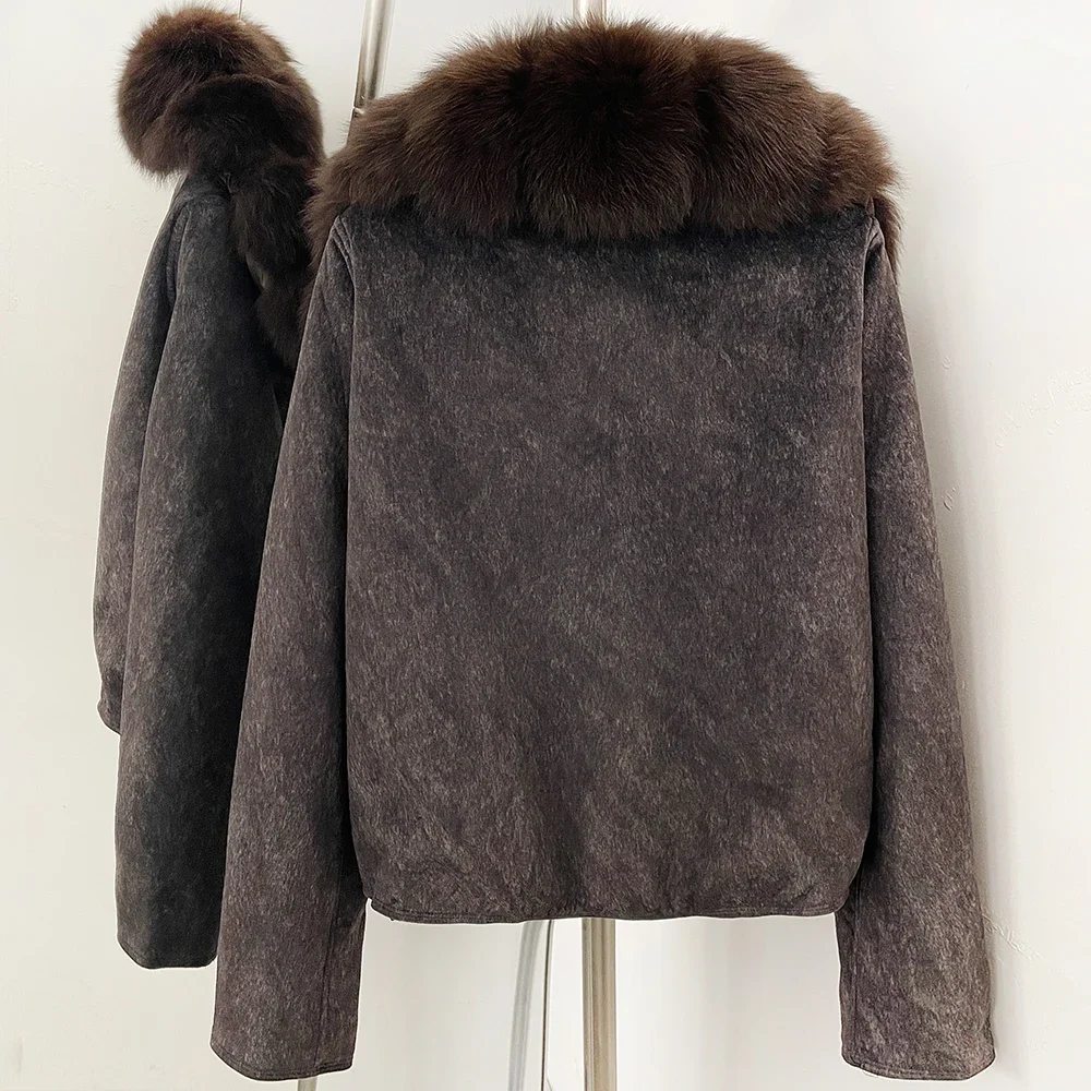 OFTBUY Damen-Daunenjacke mit großem Fuchspelzkragen, Winter-Warme Entendaunenjacke, kurze Reißverschlussjacke mit Pelz für Damen – Detail 9