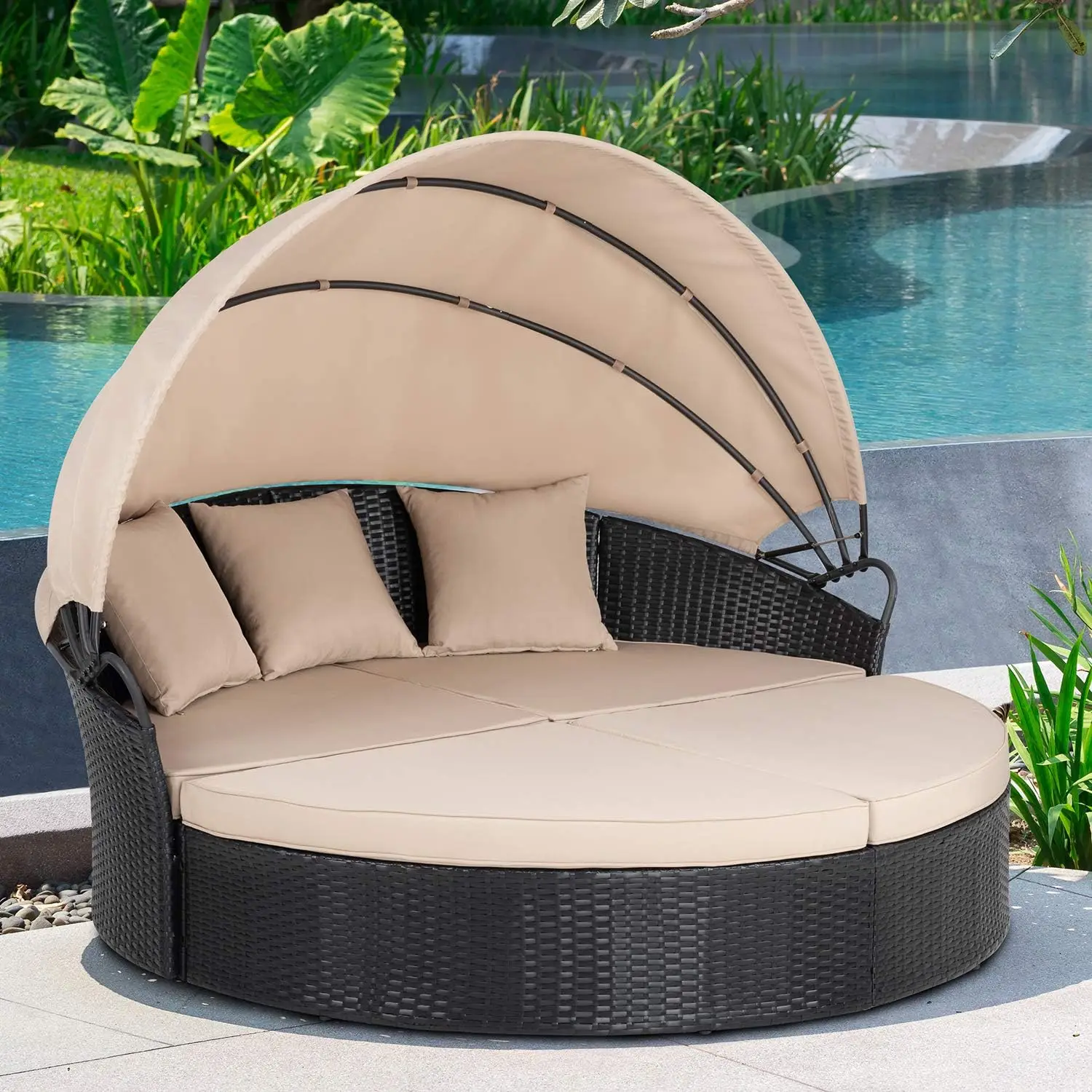 Patio Furniture Outdoor Garden Round Daybed with Retractable Canopy Wicker Rattan, Seating Separates Cushioned Seats