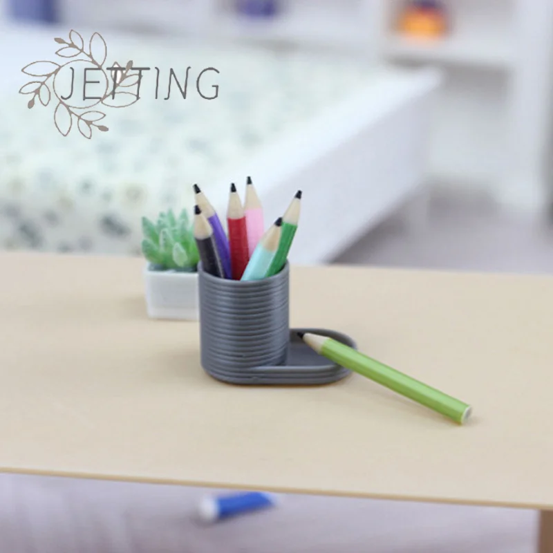 حار 1 مجموعة 1:12 دمية حامل قلم مصغر + 6 أقلام رصاص ملونة مجموعة دمية ديكور المنزل التظاهر اللعب دمية القرطاسية لعبة #5