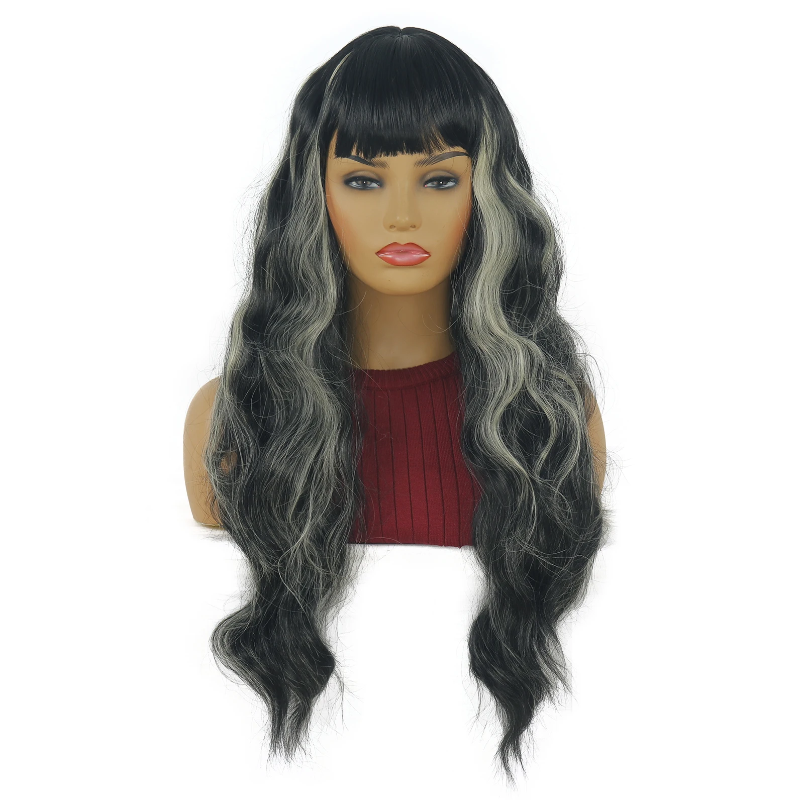 

Fashionable Women's Long Curly Hair Synthetic Wig with Bangs, Black and Gold Mixed Color Wig, Suitable for Daily Wear