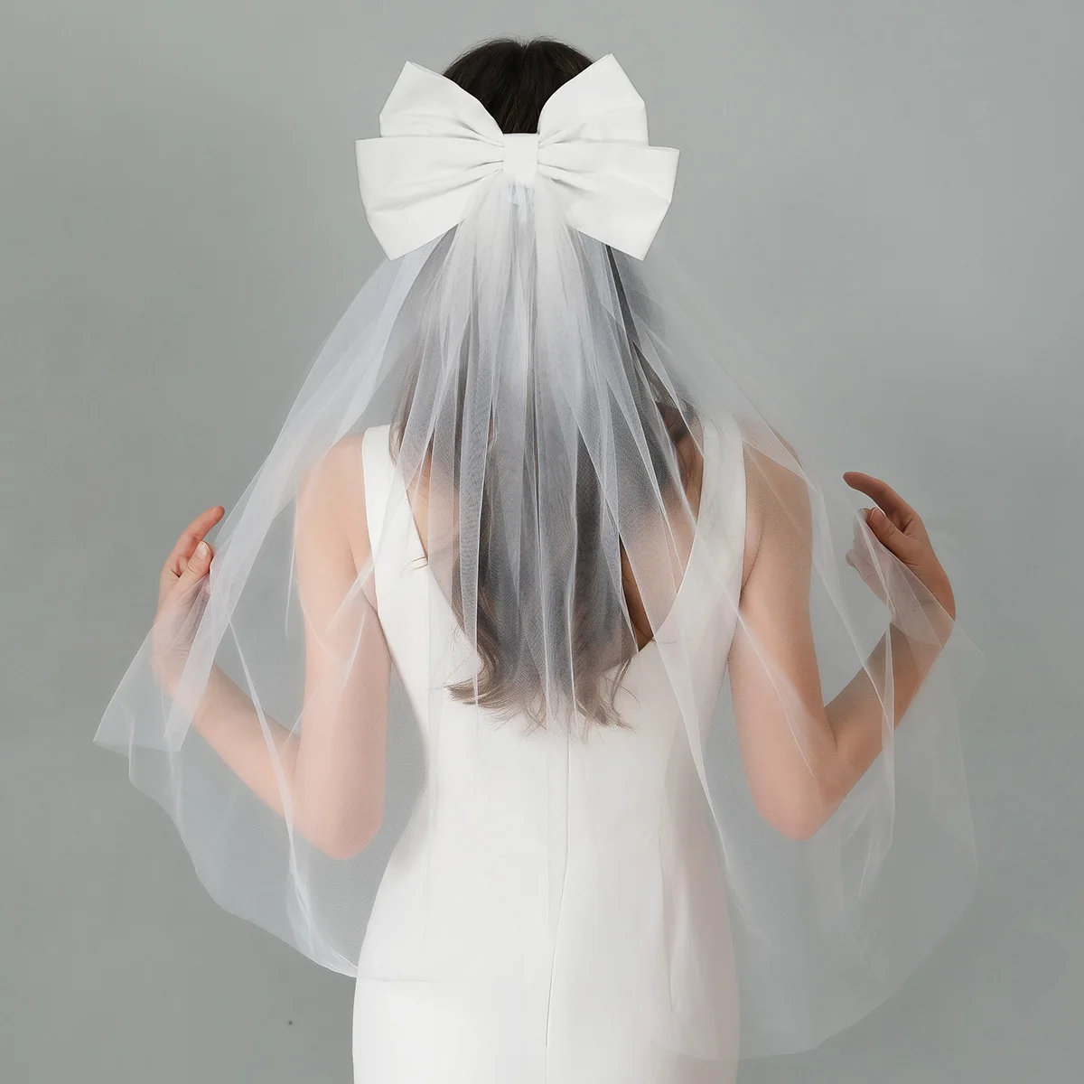 Fashion New Bride Wedding Double-layer Bow Shawl Veil For Women Sweet Princess Headdress Veil Hair Accessories Jewelry image 2