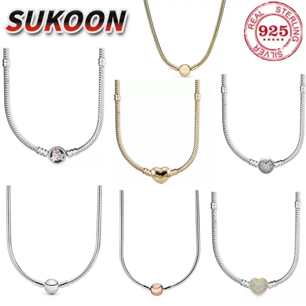 Hot selling classic 100%925 sterling silver round heart block snake bone necklace fashionable jewelry for women DIY jewelry gift