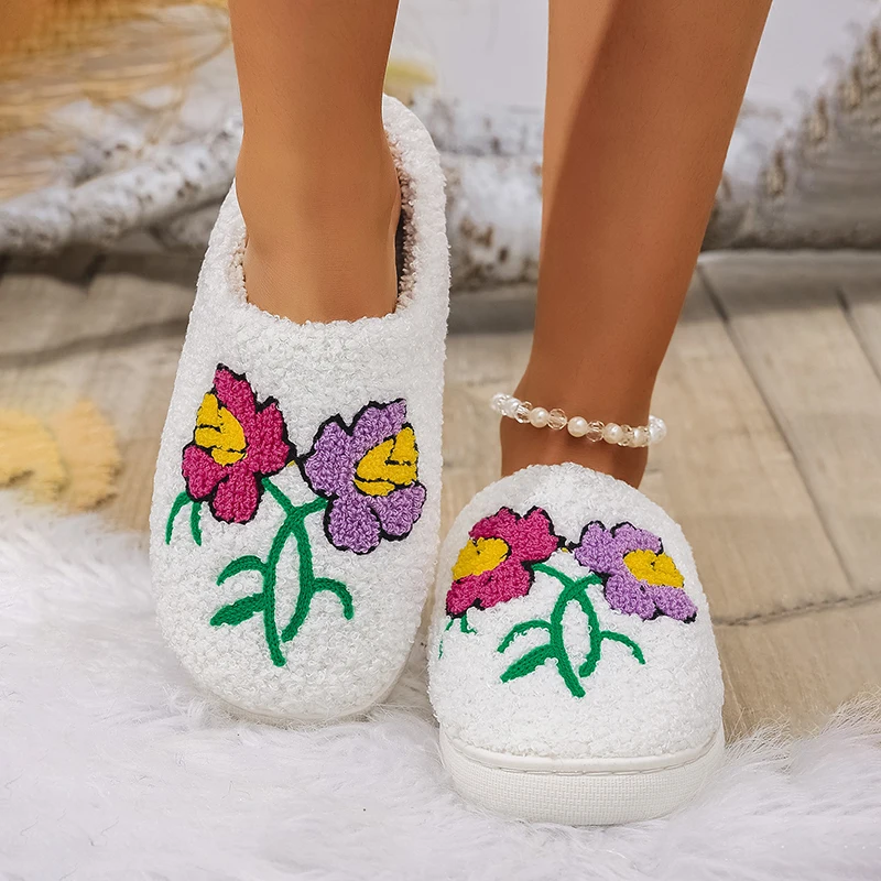 

Flower Fluffy Slippers for Women Fashion Designer Shoes Girls Flats Autumn Winter Indoor Fuzzy Fur Slides Unisex Soft Non-Slip