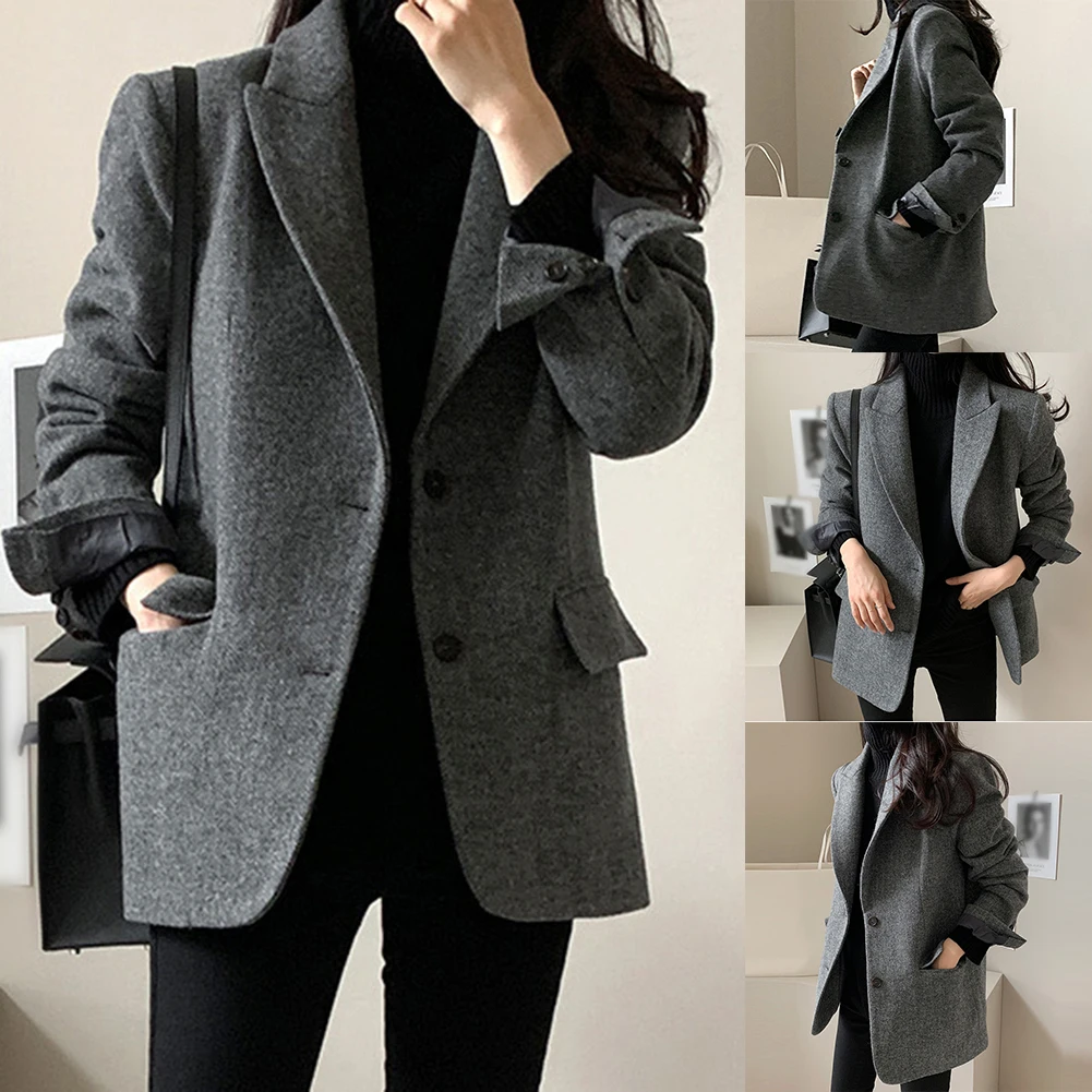 Autumn Fashion Coffee Spring Autumn Jacket Casual Loose Blazer Jacket Women Elegant Suit Slight Stretch Fabric