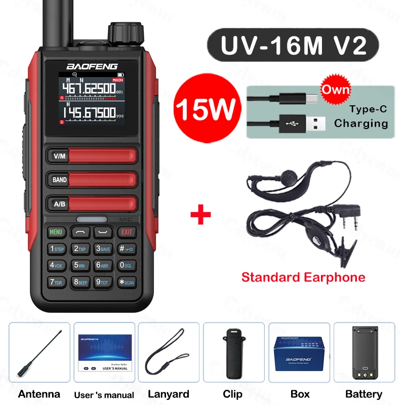 Upgrade Baofeng UV16M V2 Walkie Talkie 15W Hoge capaciteit AM FM 2-weg radio Volledige band LCD 999CH Frequentie Kopie NOAA Ruisonderdrukking