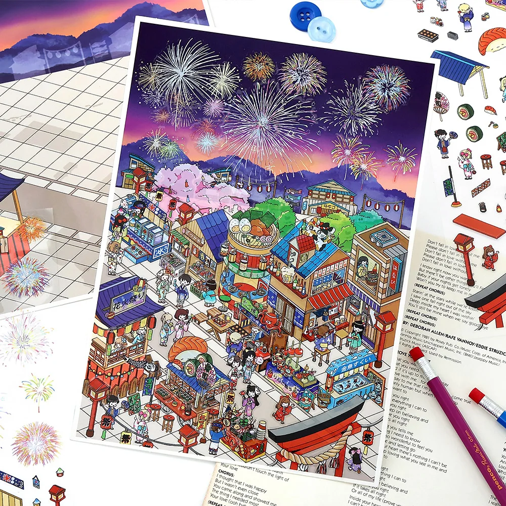 Stiker Lanskap Toko Makanan 3D Festival Kawaii, Adegan Kabin Saku DIY, Hadiah Natal ﻿