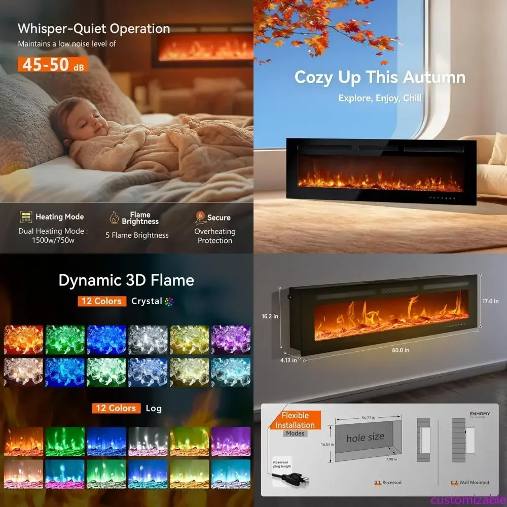 

60-дюймовый настенный электрический камин с регулируемыми цветами пламени и пультом дистанционного управления