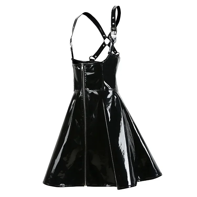 Sexy Women PVC Zipper Latex Leather Bondage Mini Dress Black Wet Look Bodycon Nightclub DS Pole Dance Costume