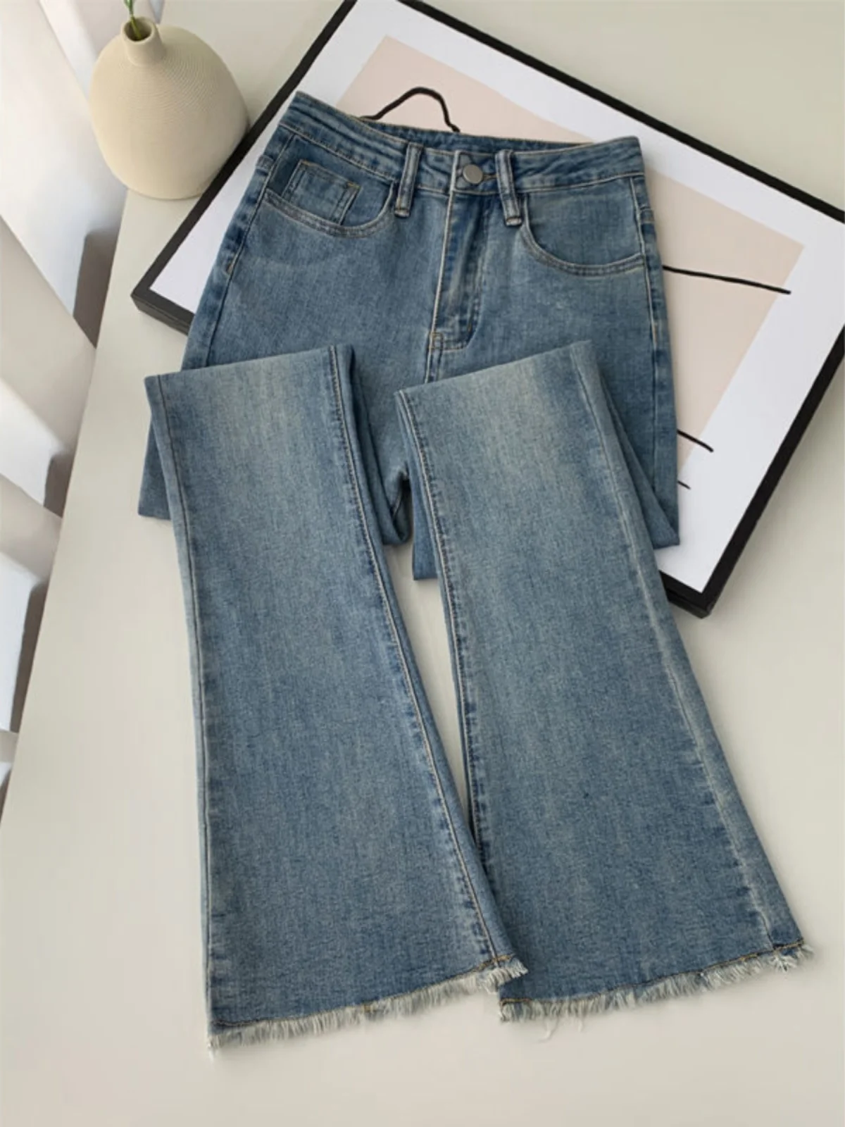 

Retro Hong Kong Sle High Waist Bell Bot Jeans Cotton Stretch Denim Spring New Arrival Slimming Long Pants for Women