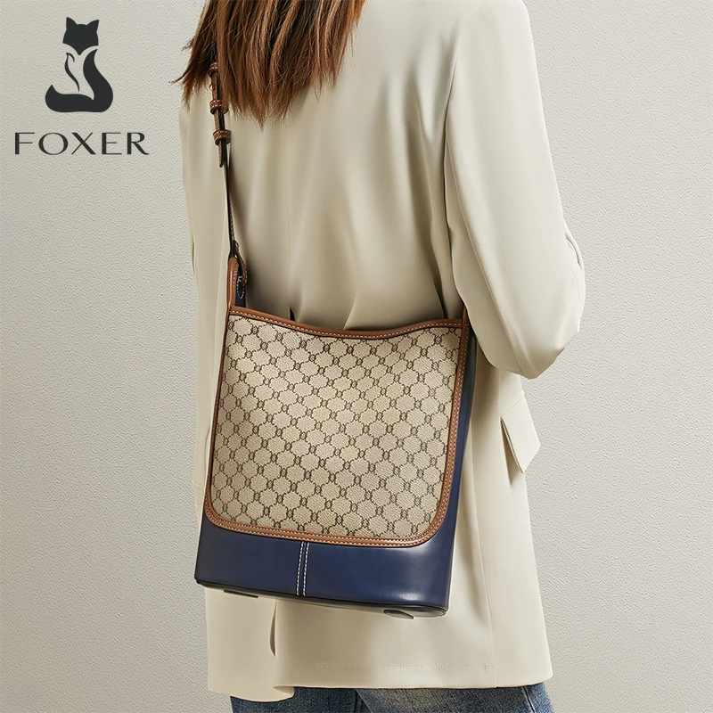 FOXER Lady Fashion Retro Shoulder Bag Large Capacity Office Women Commuter Bag Female PU Leather Adjustable Strap Crossbody Bags