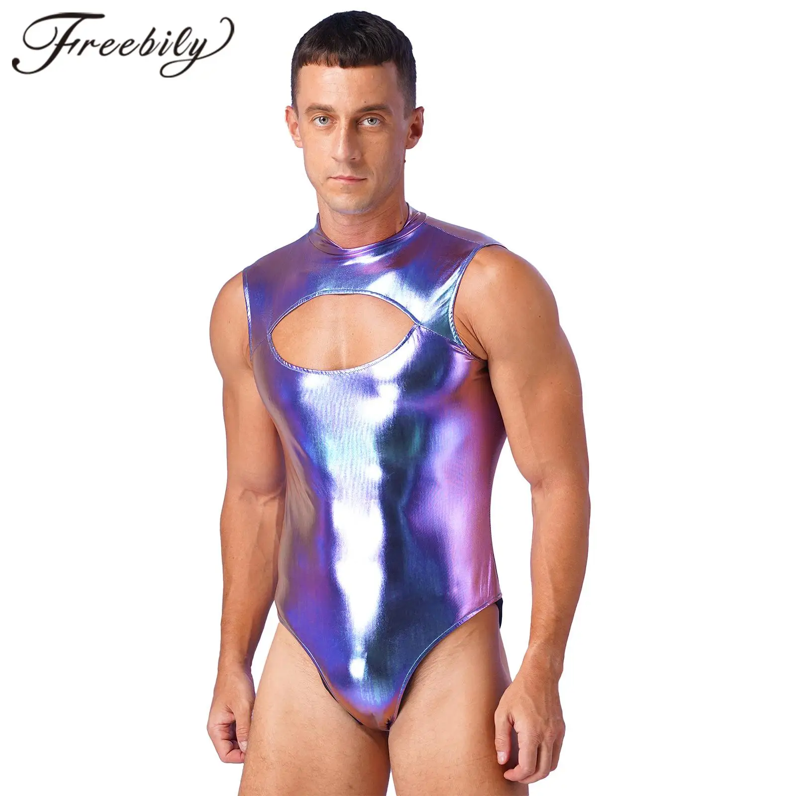 

Mens One-piece Metallic Front Cutout Bodysuit Mock Neck Sleeveless Zipper Leotard Baech Pool Party Swimwear Nightclub Costume