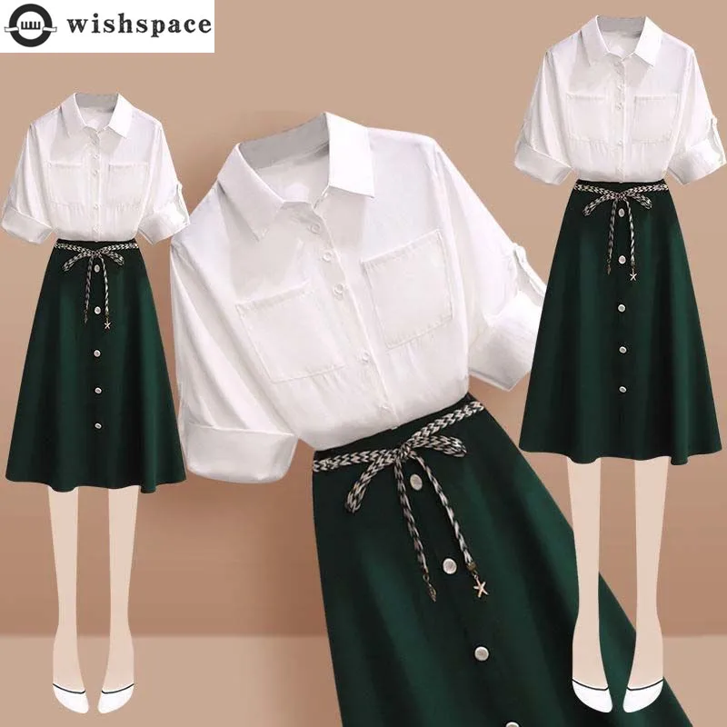 Spring 2023 New Pocket Decoration Chiffon Shirt Belt Button Half Dress Two Piece Elegant Women Party Dress Office Set