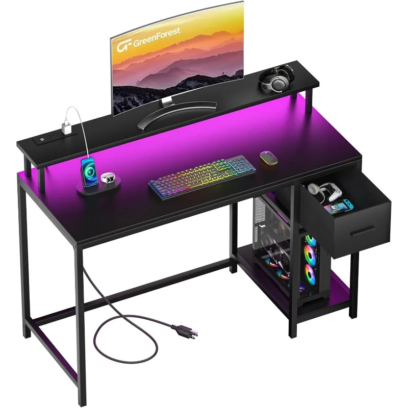 39 inch Gaming Desk with LED Lights and Power Outlets Computer Desk with Fabric Drawers Home Office Work Desk