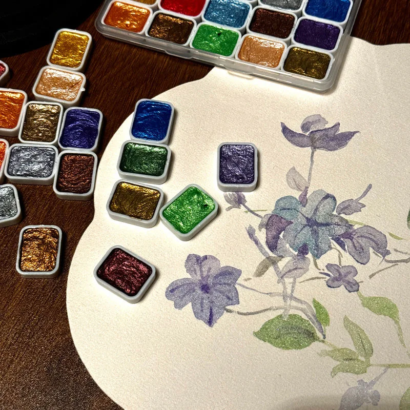 مجموعة ألوان مائية معدنية مكونة من 20 لونًا، صندوق محمول جديد مع لوحة ألوان مائية صلبة من اللؤلؤ المتلألئ، لوازم فنية #2