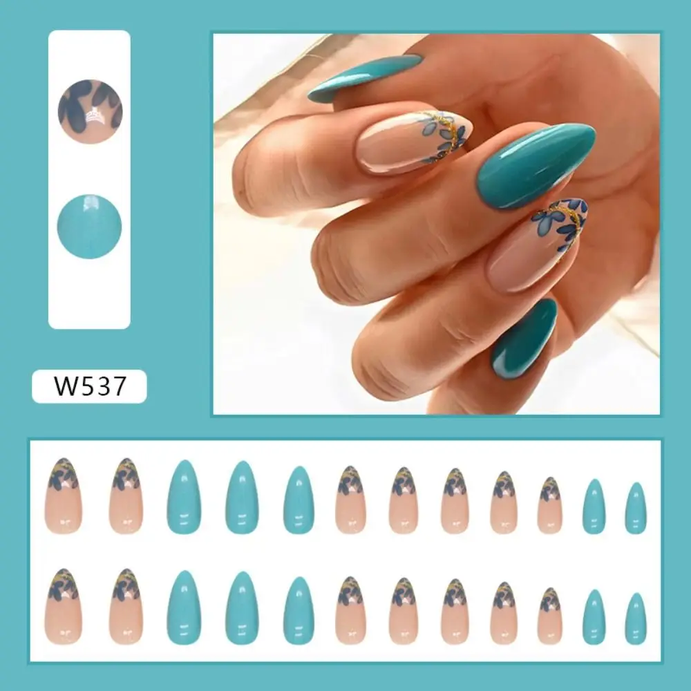 24pcs Manicure Diy Fake Nials False Nails Foil Wavy Leaf French Long Almond