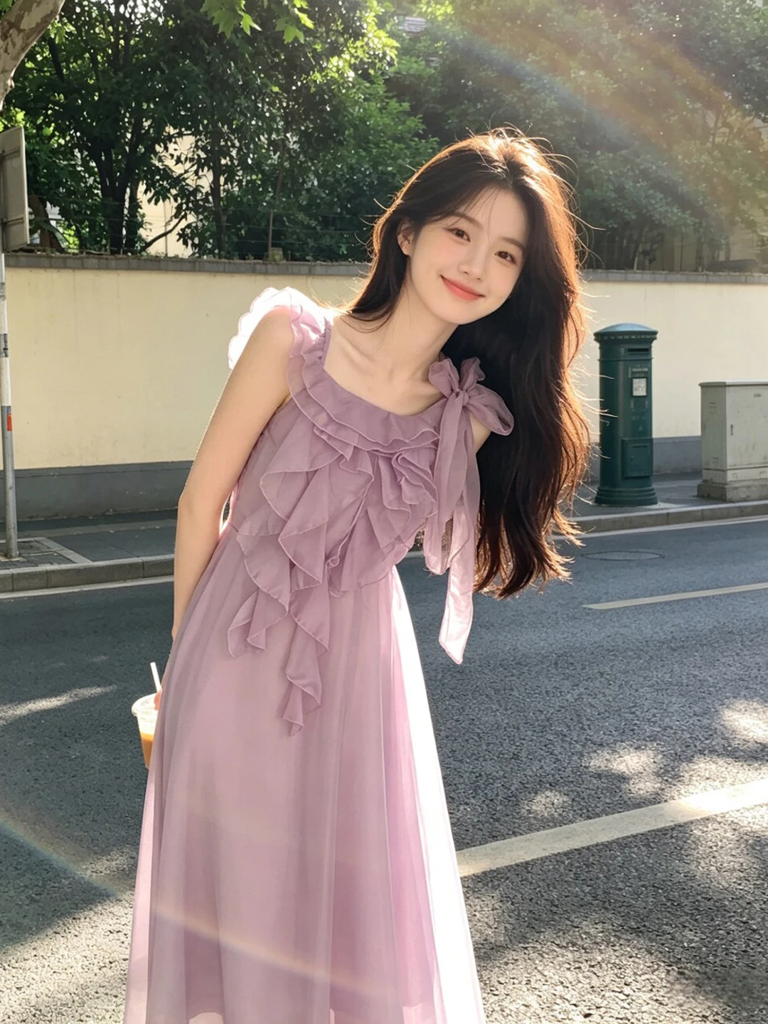 

Summer Atmosphere Sweet Strapless Fairy Long Dress Purple Beach Vacation Style Gentlewoman High Waist A-Line Cotton Dress