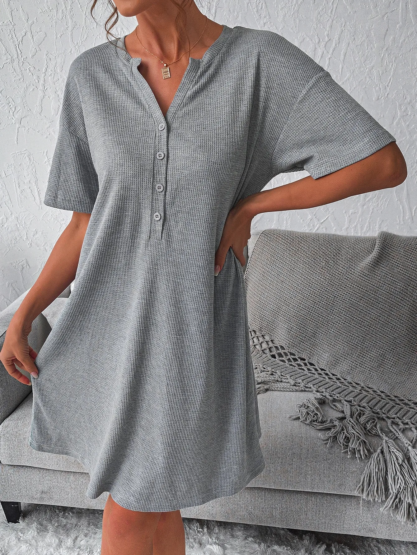 

Gray Waffle Knit Half-Button Drop Shoulder Nightdress for Women