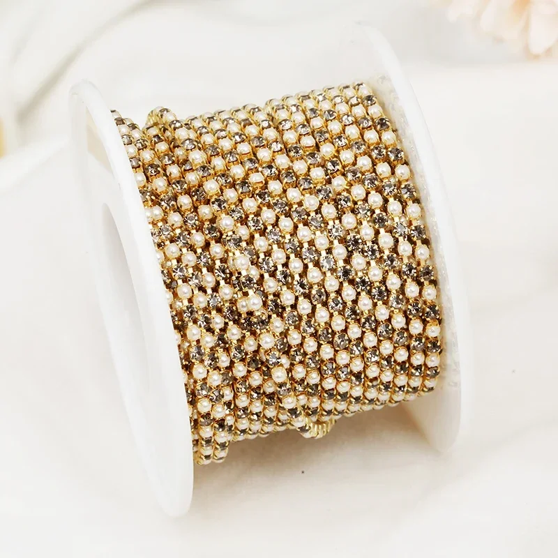 2mm Gold Pearl Rhinestone Cup Chain Ribbon Glass Dense Colorful Rhinestone Pearl Chain Trim Apparel Cup Chain For DIY Garments