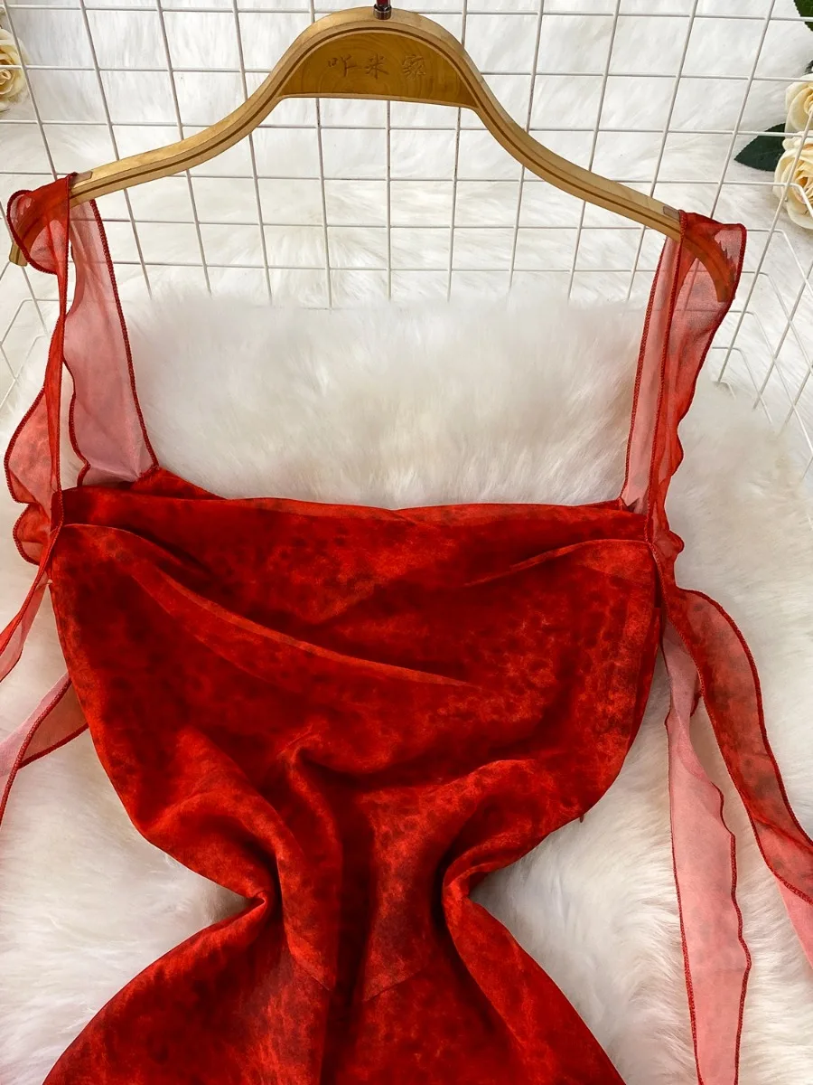 Foamlina francés Retro elegante Tie Dye cuello vuelto vestido de tirantes Halter mujeres diseño de verano sentido fluido cinta cola de pez Maxi vestido