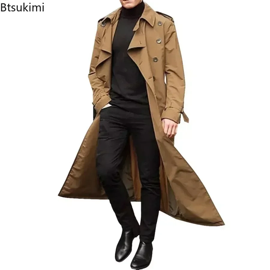 New 2025 Men's Overcoat Vintage Long Trench Jacket Coats Men's Business Party Casual Long Solid Windbreak Outwear Men's Clothing