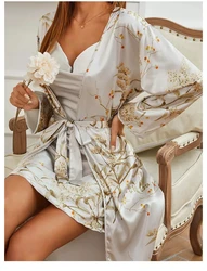 Stampa Twinset Robe Suit Womens Satin Chemise camicia da notte Kimono accappatoio Set Summer Sexy Loungewear scollo a v Sleepwear