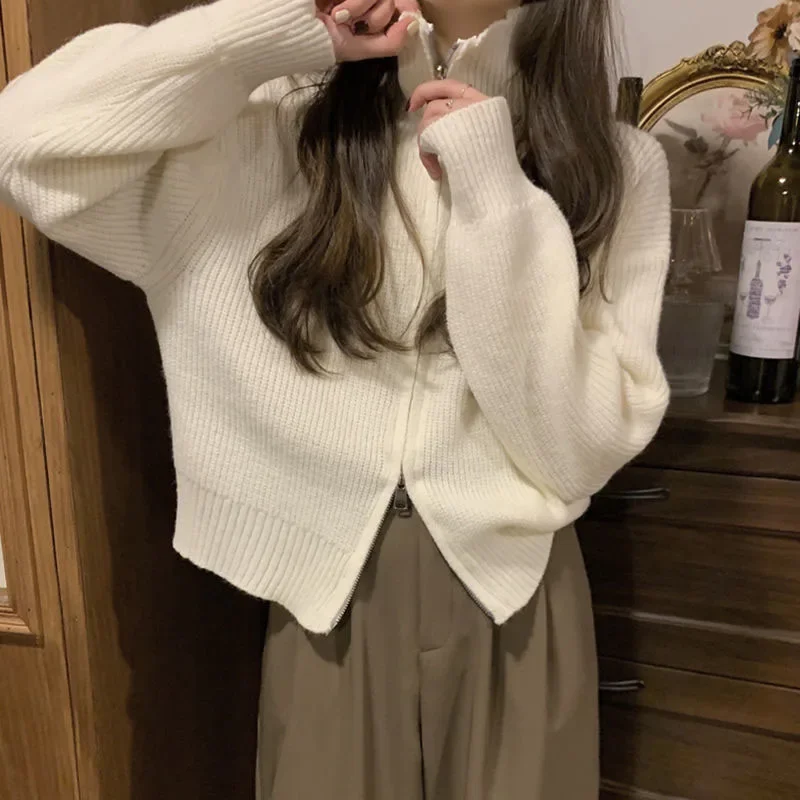 

2025 Autumn Winter New Zipper Sweater Jacket Female Casual Long-Sleeved Short Knitwear Turtleneck Knitted Cardigan for Women