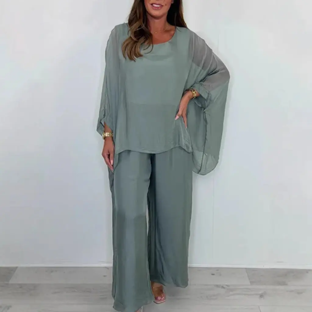 Summer Fashion Loose Chiffon Long-Sleeved Top And Wide-Leg Pants Casual Suit for Women European And American Style