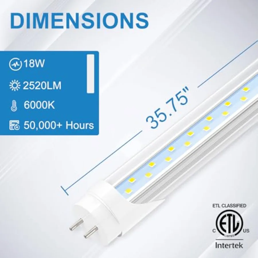 3Feet T8 LED Tube Light, 6000K Cool Bright White, 12 Pack 18W 2520LM high output, double-row LED chips, Type A+B, ETL listed, f - view 2