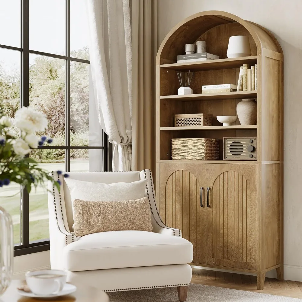 خزانة كتب مقوسة بطول 70.9 بوصة، رف كتب من 8 طبقات مع أبواب وأرفف قابلة للتعديل، خزانة كتب كبيرة للمزرعة للعيش