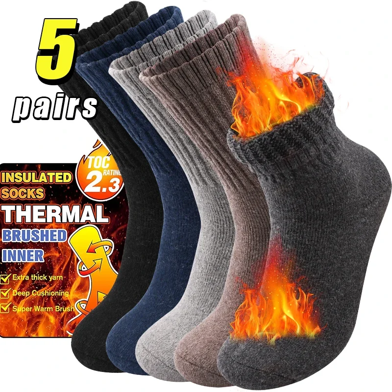 5 Pairs Merino Wool Socks for Men Thicken Fleece Middle Tube Socks Winter Thermal Terry Loop Cashmere Hiking Boot Socks