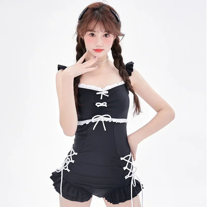 Gothic Lolita Backless Rüschen Einteiligen Badeanzug Sommer Lace Up Süße Mädchen Chic Schlank Bade Body Bademode Bathwear Dropship