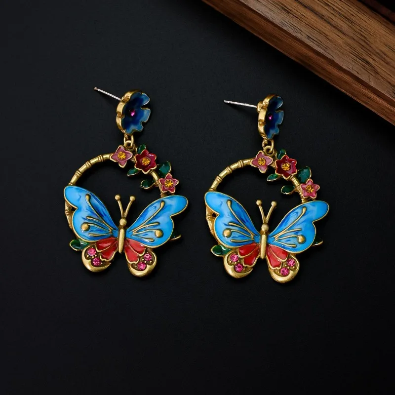 

Palace Blue Butterfly Wreath Earrings French Elegant Temperament Light Luxury High-end Zircon Enamel Oil Painting Earrings