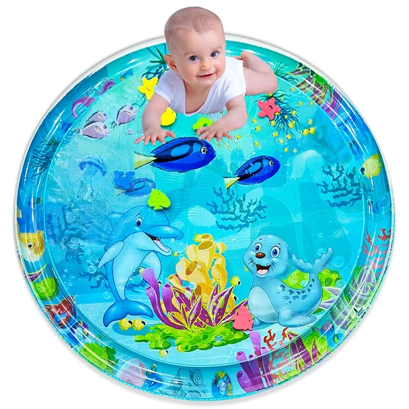 1pc 60cm/95cm/100cm Large Baby Playing Water Mat Seabed Seal Pattern PVC Inflatable Round Play Mat Cushion Kids Gift