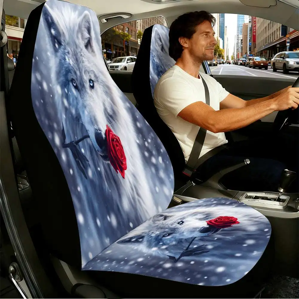 2pcs White Wolf With Red Rose Car Seat Covers Suitable For Front Seats, High Back Design, Material, Suitable For Cars, SUVs And