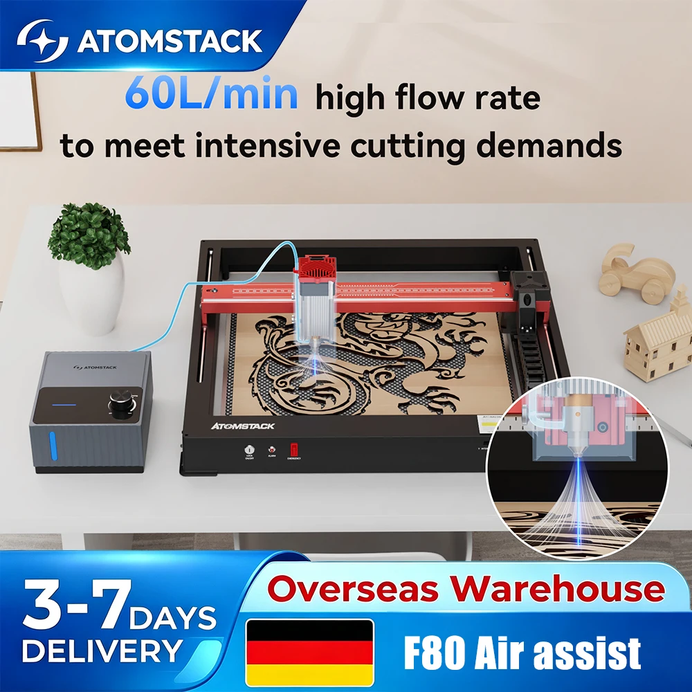 AtomStack F80 Air Assist compatible avec tous les modèles de machines à graver au laser AtomStack Ikier inférieurs à 70W pour A20 A40 A10 A48 A24 A12 iKier Master etc. Outils de travail du bois 3D