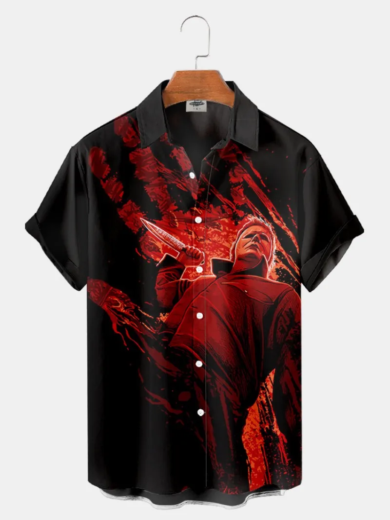 Camisas con estampado de películas de terror de estilo Punk para hombre, blusa informal de manga corta de gran tamaño, a la moda, de un solo pecho, ropa de verano