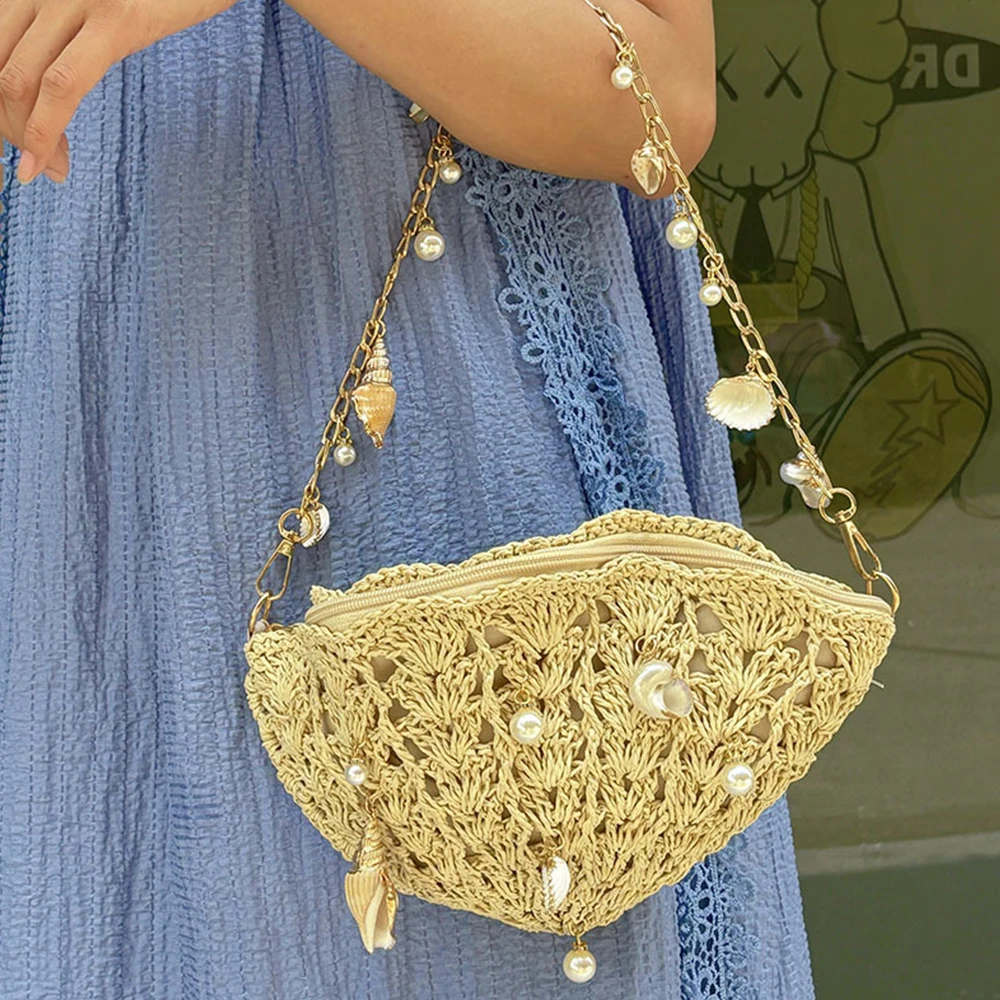 

Богемная соломенная сумка из ракушки, летние пляжные сумки с жемчугом для женщин, сумки и кошельки, дорожная полая тканая сумка на плечо, клатч