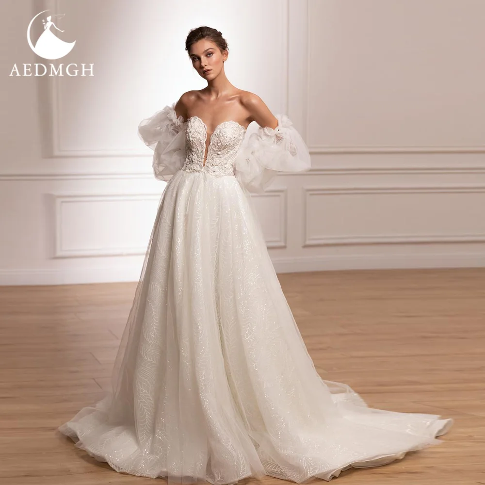 Aedmgh A-Line vestidos De Novia elegantes sin tirantes manga acampanada Vestido De Novia Apliques De encaje elegante Vestido De Novia hecho a medida