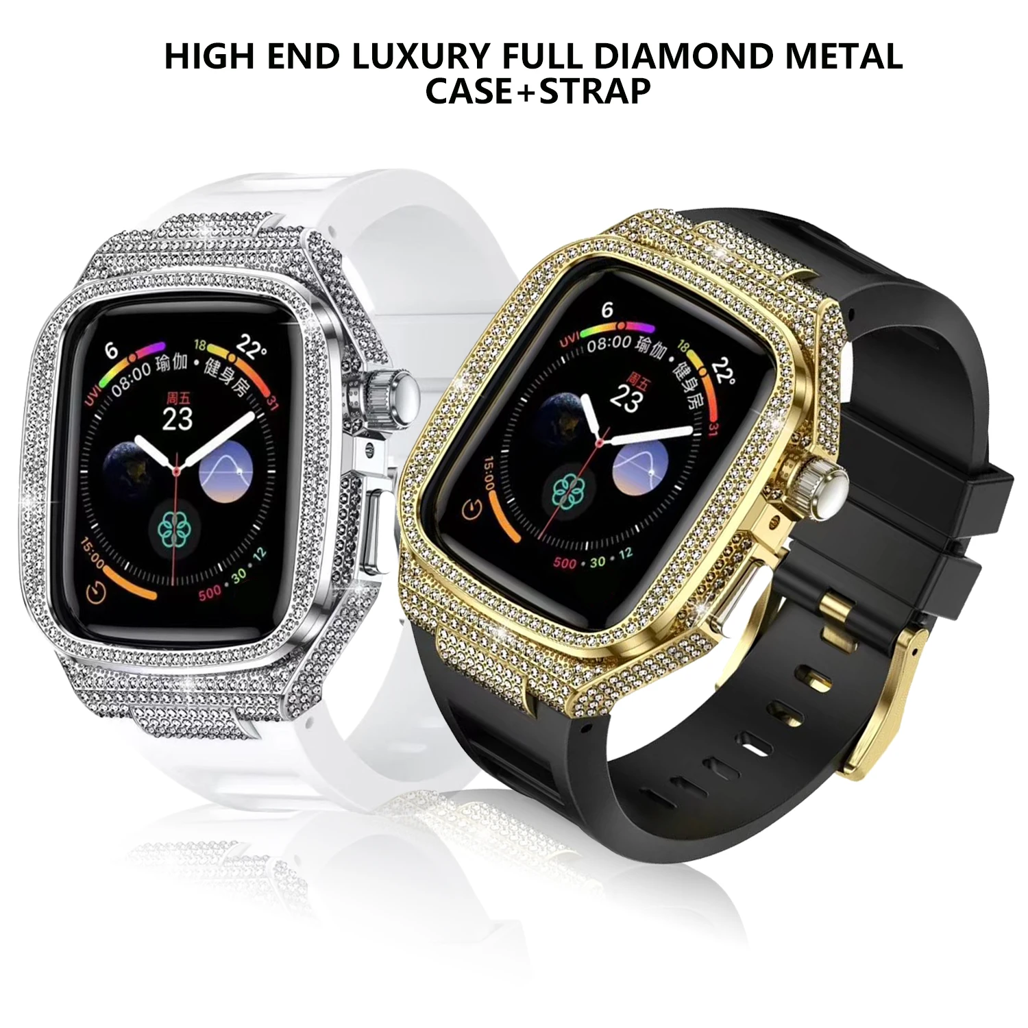 

Роскошный металлический корпус с бриллиантами + ремешок из жидкого силикона для Apple Watch S10 46 мм 45 мм 9 8 7 44 мм, высококачественный мужской и женский комплект