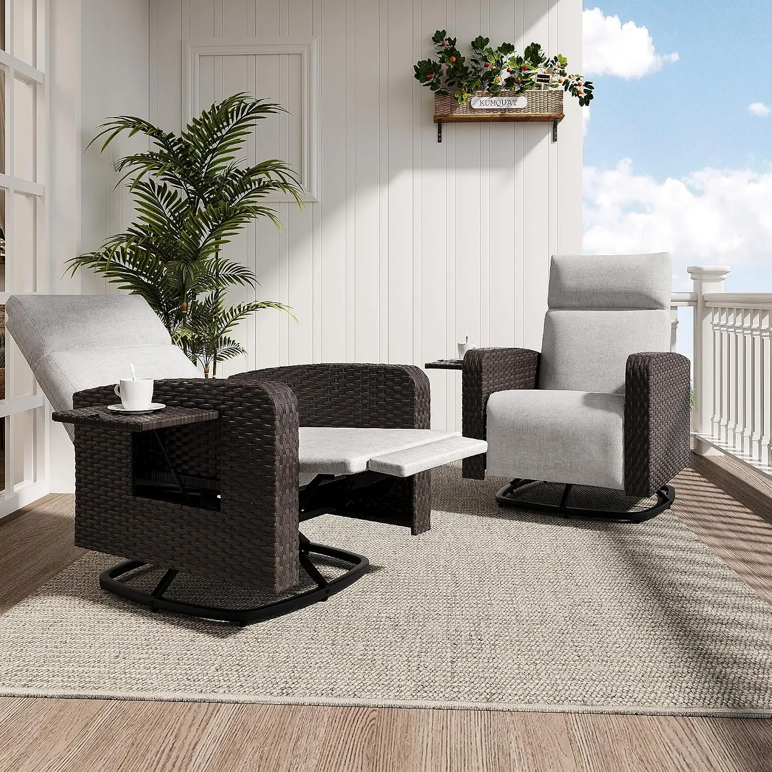 2Pcs Outdoor Swivel Rocking Recliner with Adjustable Back & Footrest, 360°Swivel Chair with Flip-up Table for Patio, Customized
