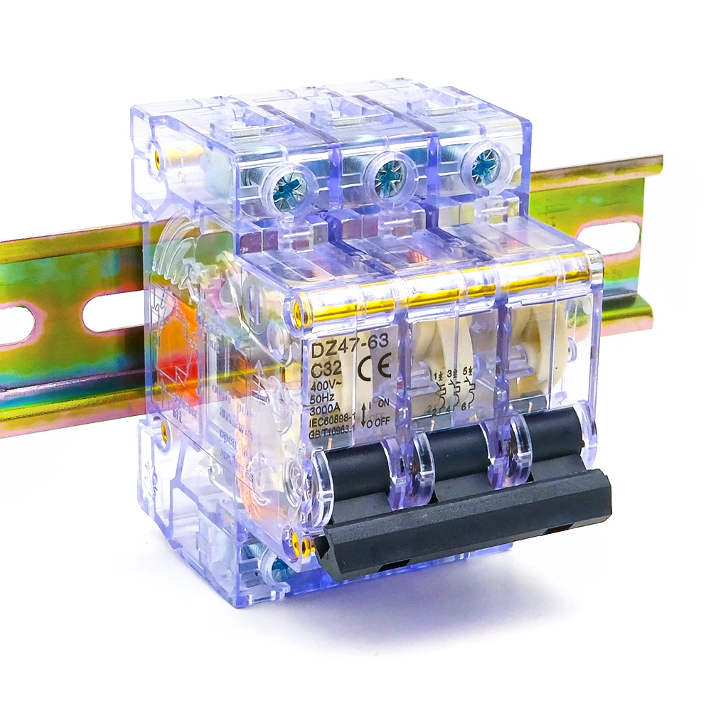 2025 New DZ47-3P 32A 3-Phase Circuit Breaker, Transparent Housing, DIN Rail, CE Certified for Industrial Electrical Systems