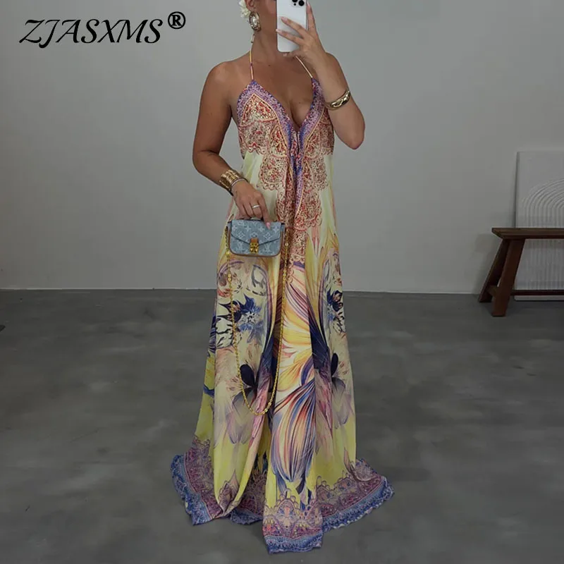 Robe Camisole creuse à col en V profond pour femme, longue, imprimée, ample, balançoire, Sexy, à lacets, dos nu, style Boho, nouvelle collection été